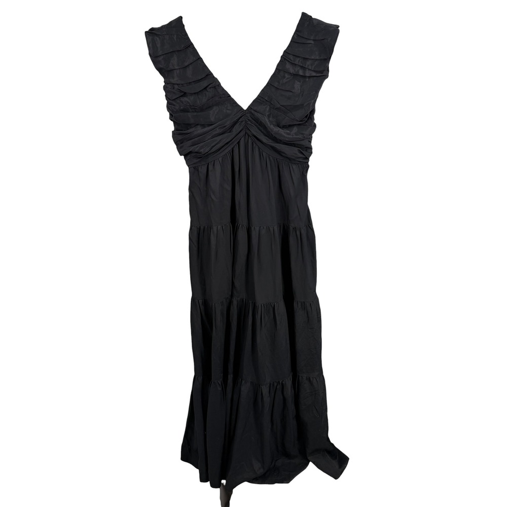 Chelsea 28 Dress Size Large Black Ruffle V-Neck Smocked Tiered Maxi Linen Blend - Picture 3 of 9